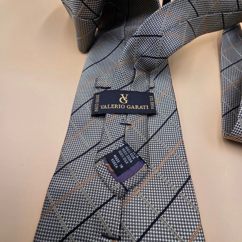 Valerio Garati Mens Silk Tie Grey Black Tan Grid Diagonal Stripe Handmade 4 Inch